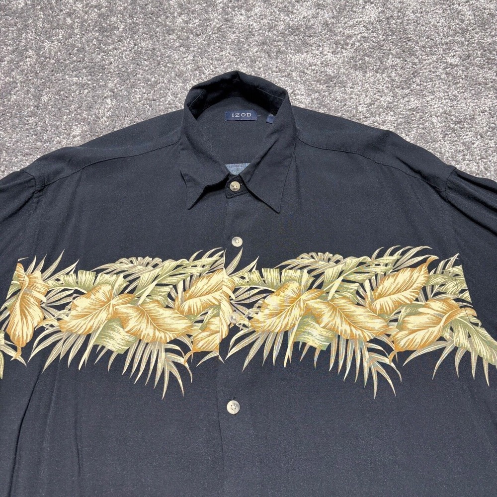 Vintage Izod‎ Hawaiian Shirt Mens Medium Black Rayon Leaves Beach Cruise